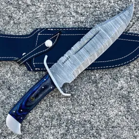 14” Jim Bowie - Blue & Black Wood - Damascus - Vertical Carry - JBSC4