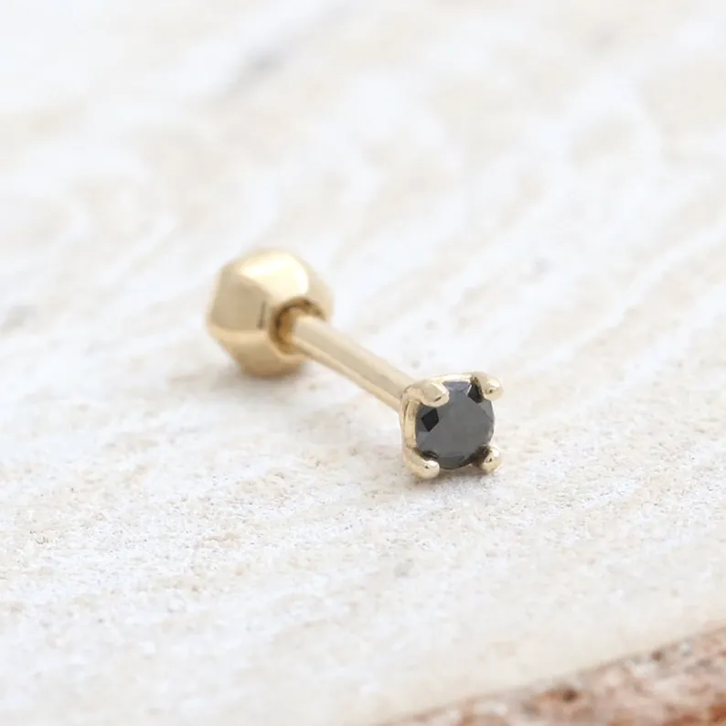 14K 18K Solid Gold 0.03ct Genuine Black Diamond 4 Prongs Setting Stud Cartilage Tragus Helix Conch Lobe Piercing Earring