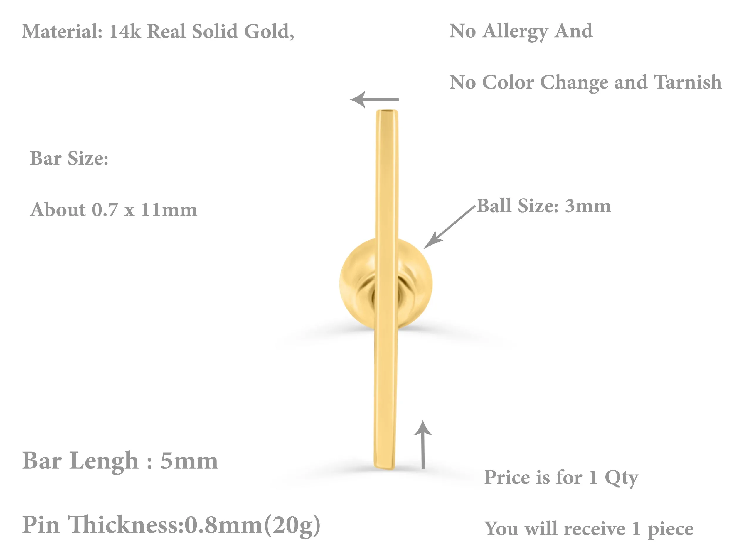 14k Gold Stick Pendant Barbell Ear Stud Piercing