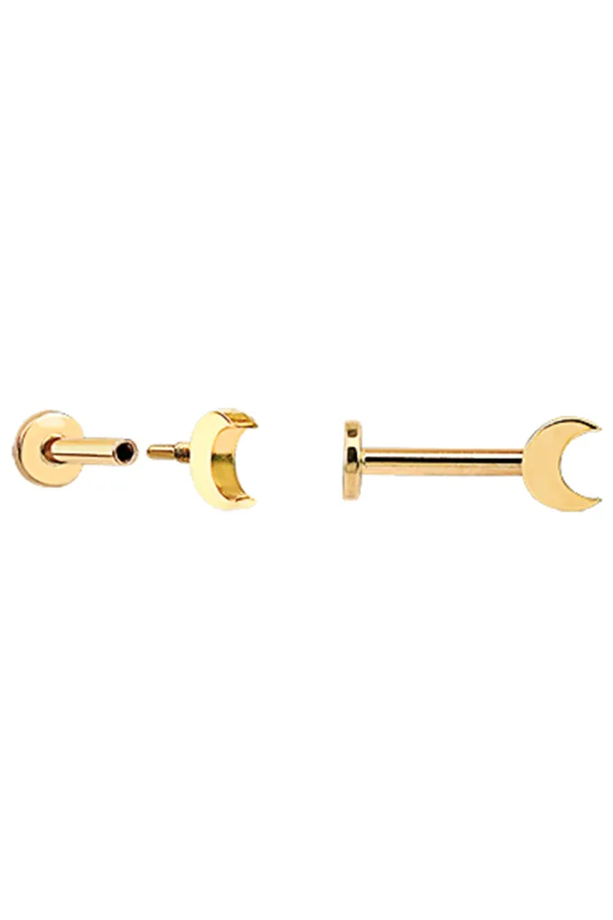 14k Solid Gold Crecent Half Moon Tragus Helix Internally Threaded Flat Back Earring Labret Stud