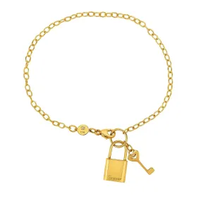 14k Yellow Gold Chain Lock And Key Bracelet, 7.5