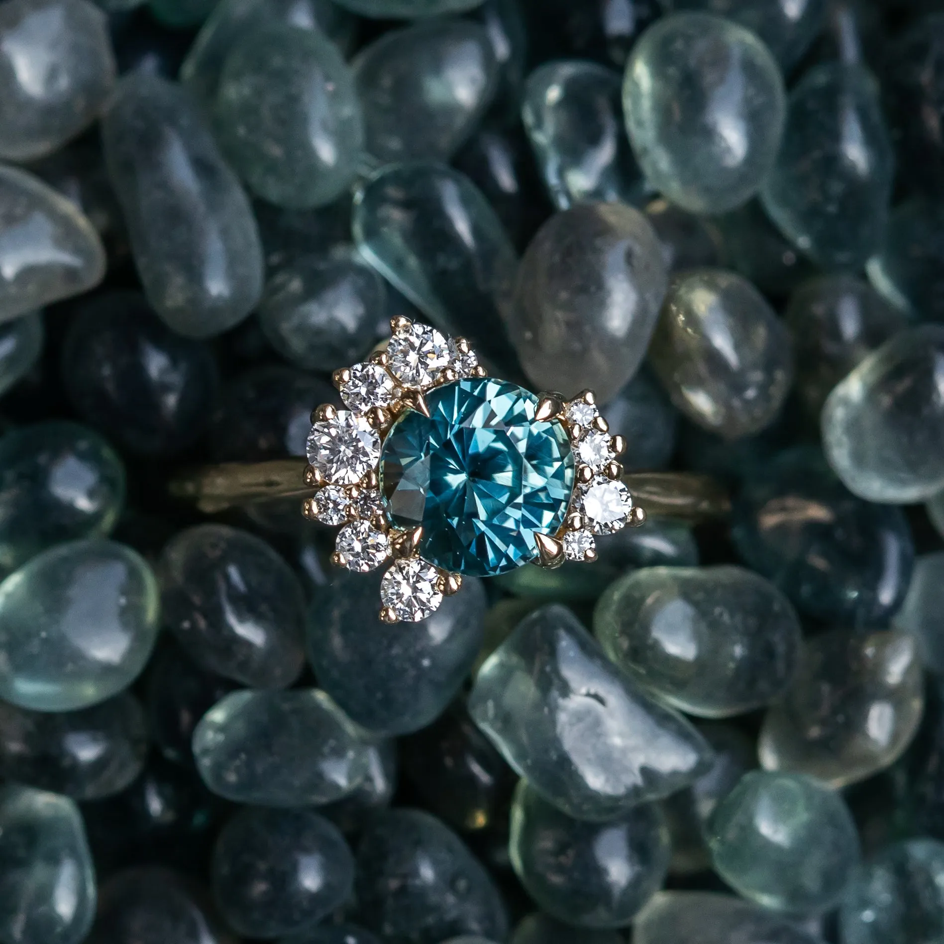 1.73ct Round Madagascar Teal Sapphire and Asymmetrical Diamond Cluster Ring in 14k Yellow Gold