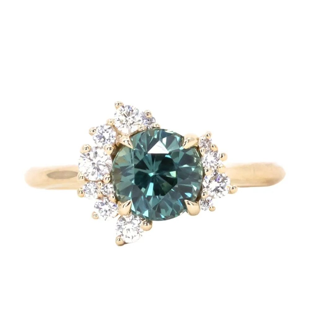 1.73ct Round Madagascar Teal Sapphire and Asymmetrical Diamond Cluster Ring in 14k Yellow Gold