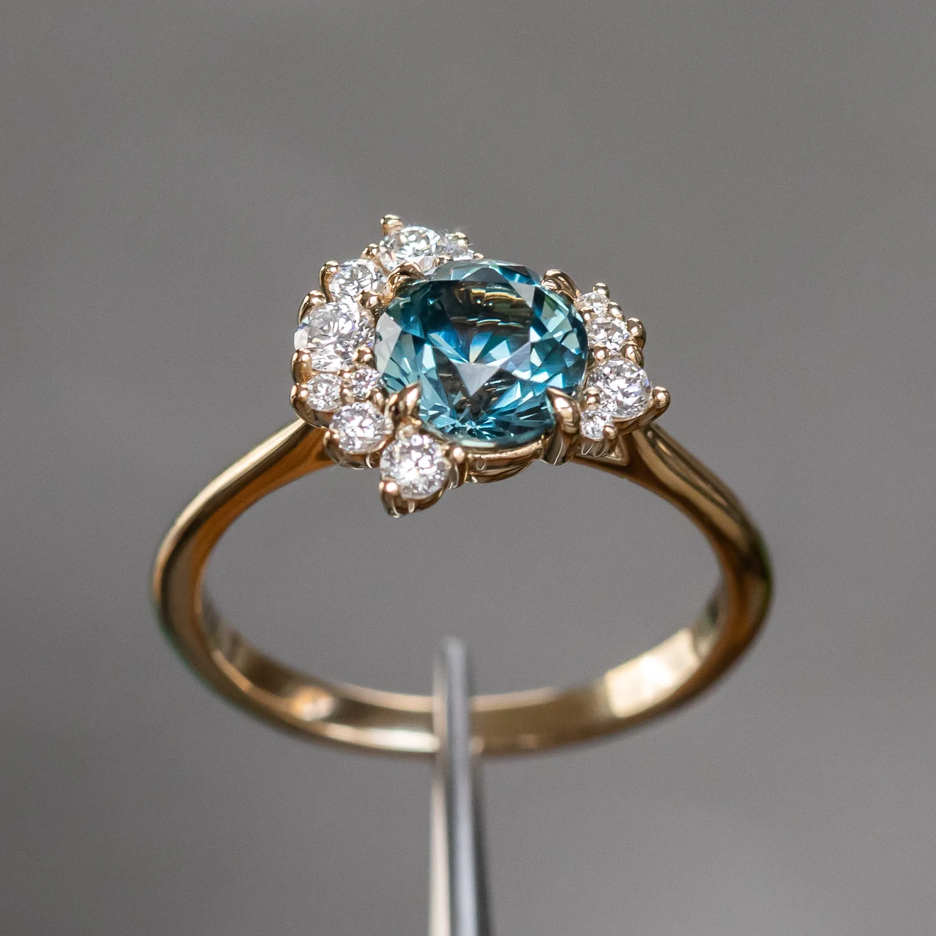 1.73ct Round Madagascar Teal Sapphire and Asymmetrical Diamond Cluster Ring in 14k Yellow Gold