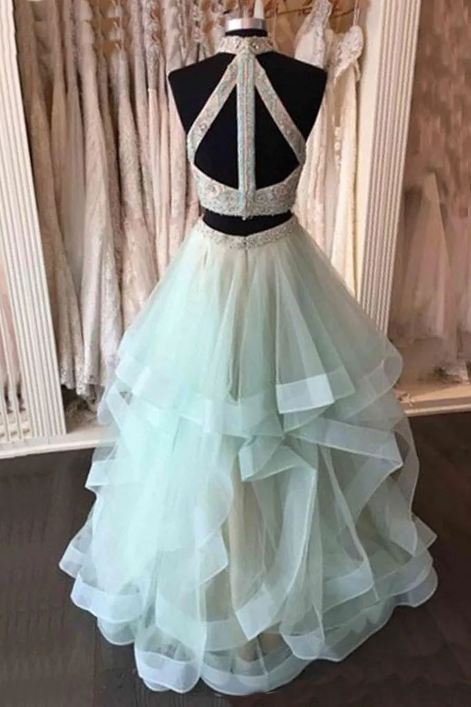 A-line two pieces high neck light mint long prom dresses, PD5216