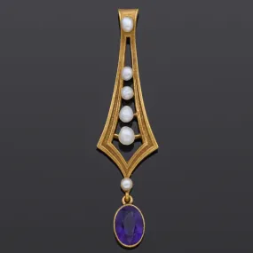 Antique 14K Yellow Gold Amethyst & Pearl Pendant