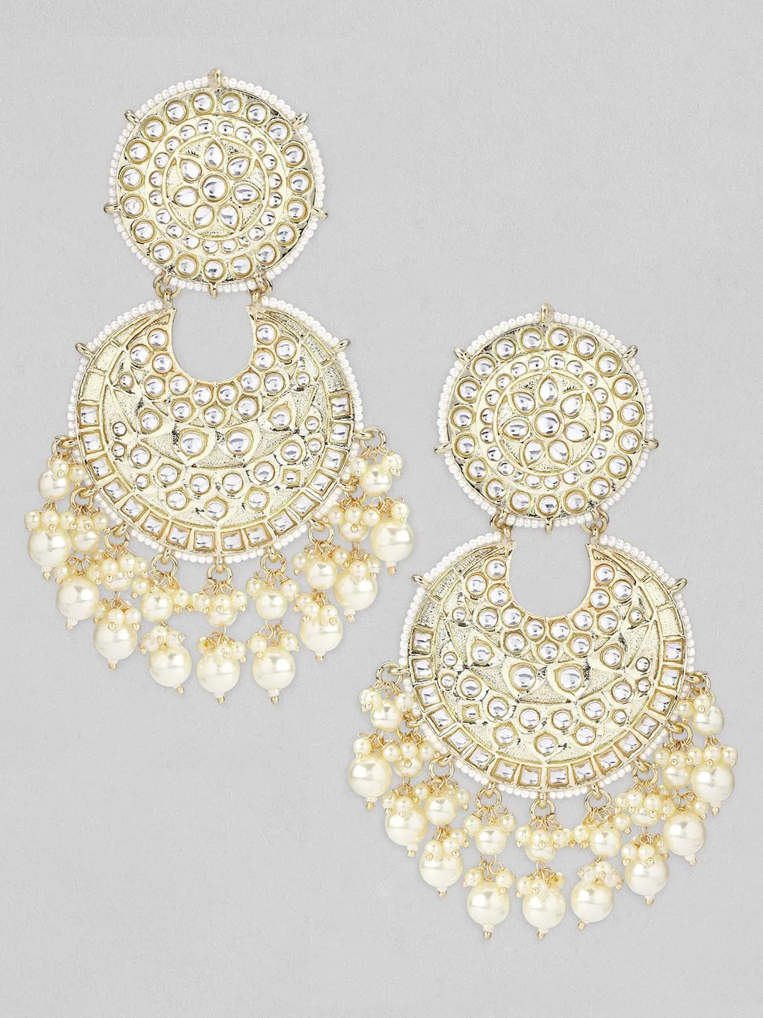 As Seen on - Rubans Gold Plated Handcrafted Kundan Studded White Beaded Chandbali Earrings