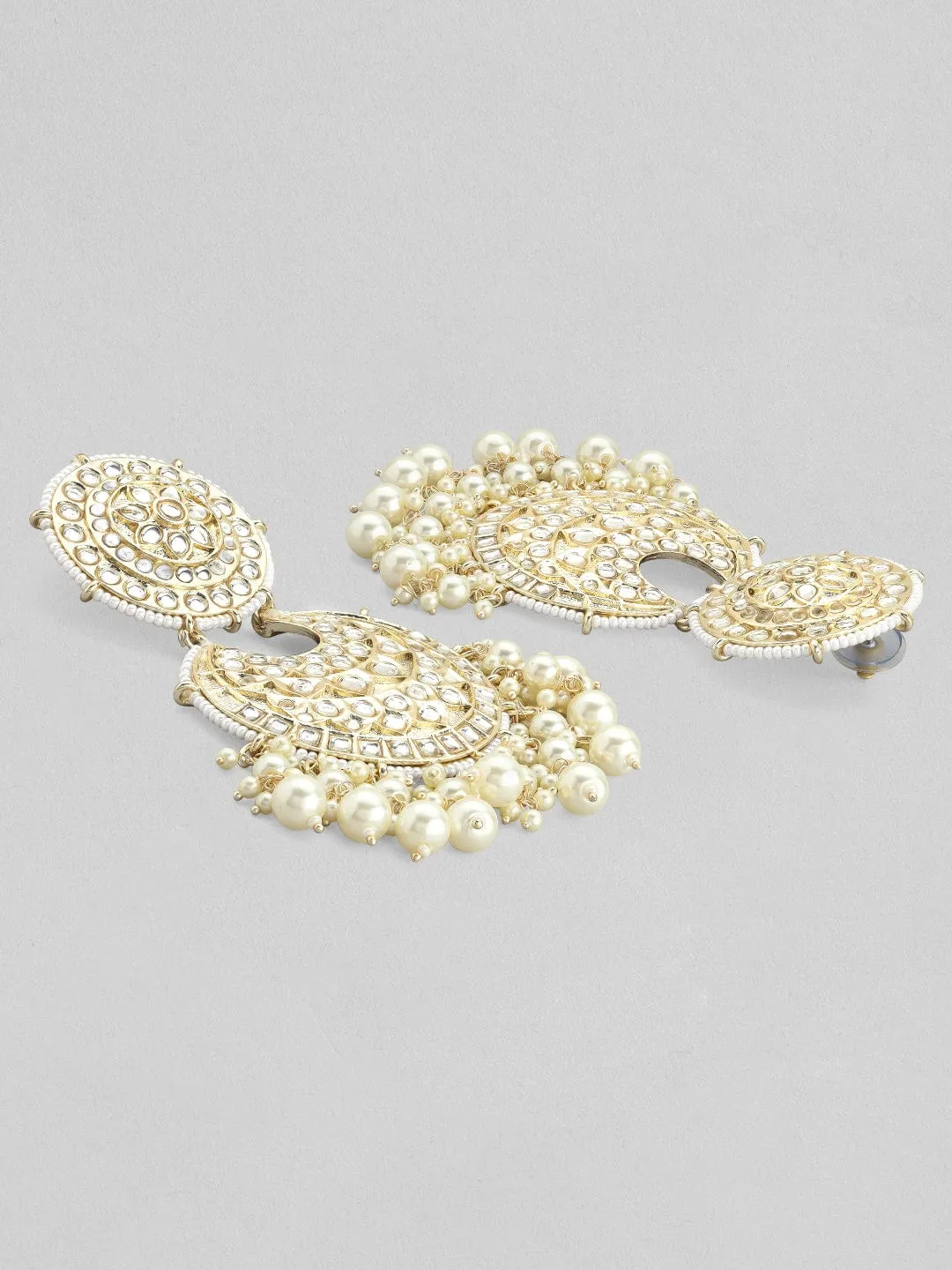 As Seen on - Rubans Gold Plated Handcrafted Kundan Studded White Beaded Chandbali Earrings