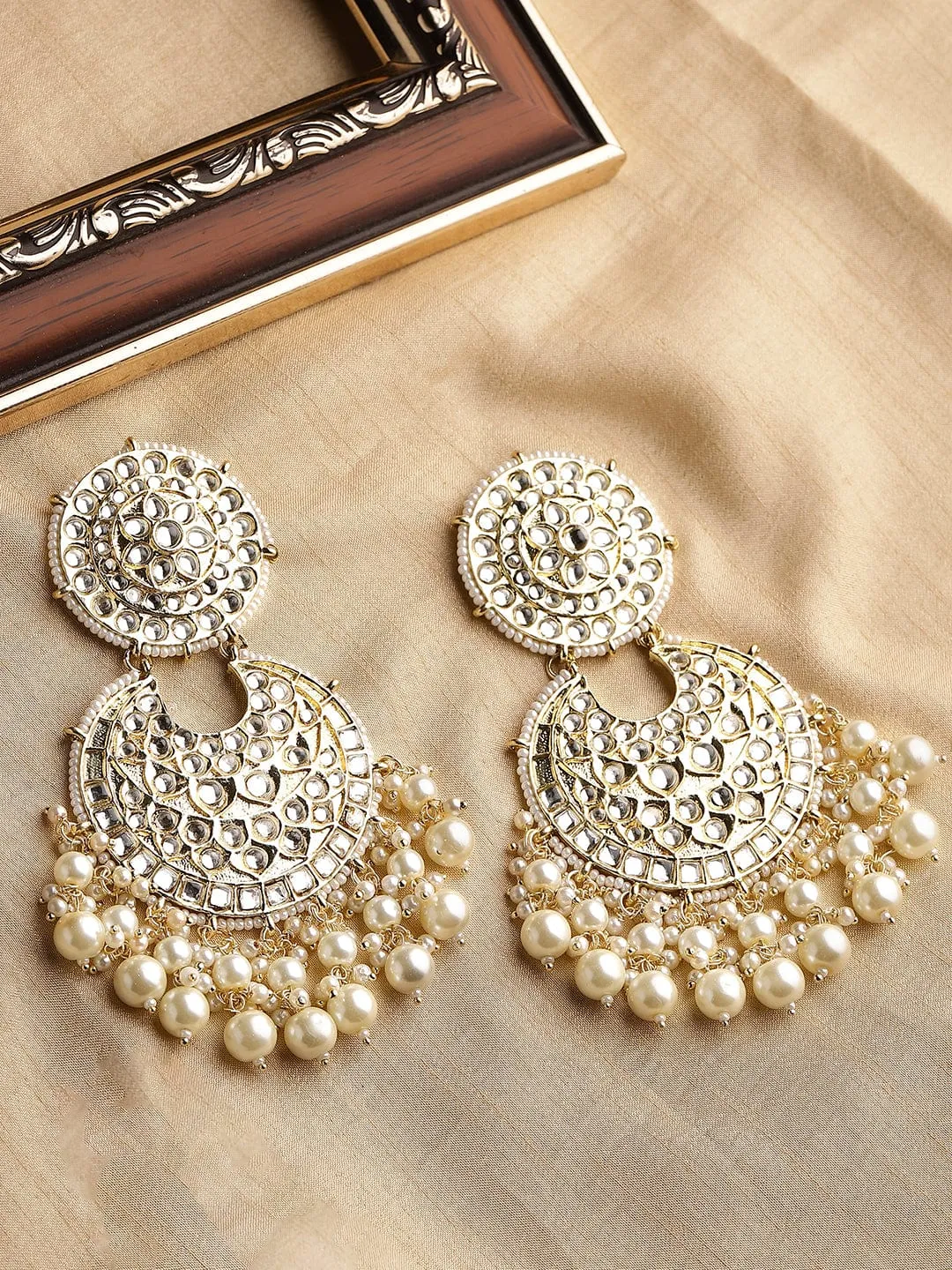 As Seen on - Rubans Gold Plated Handcrafted Kundan Studded White Beaded Chandbali Earrings