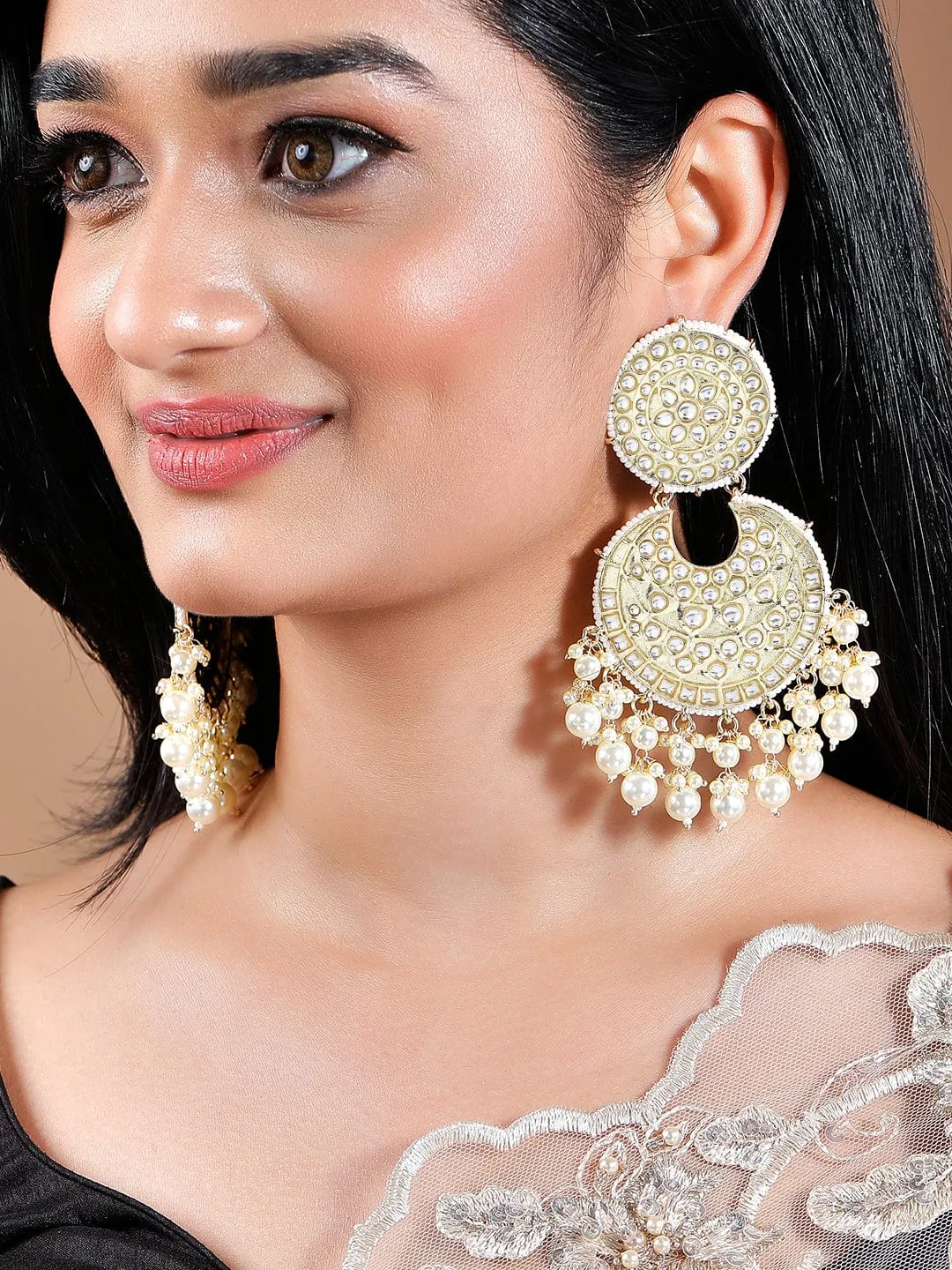 As Seen on - Rubans Gold Plated Handcrafted Kundan Studded White Beaded Chandbali Earrings