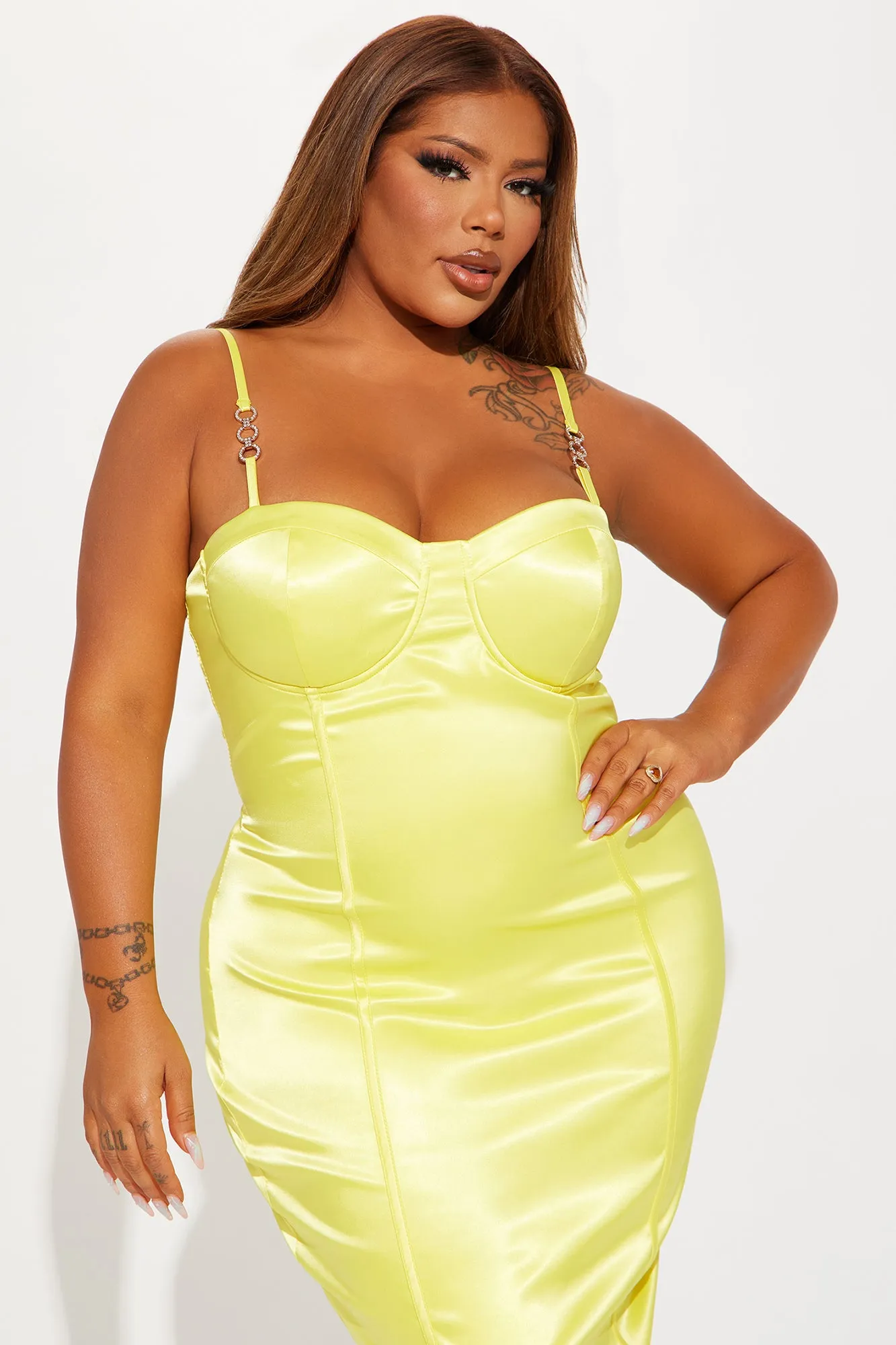 Be My Darling Satin Midi Dress - Yellow