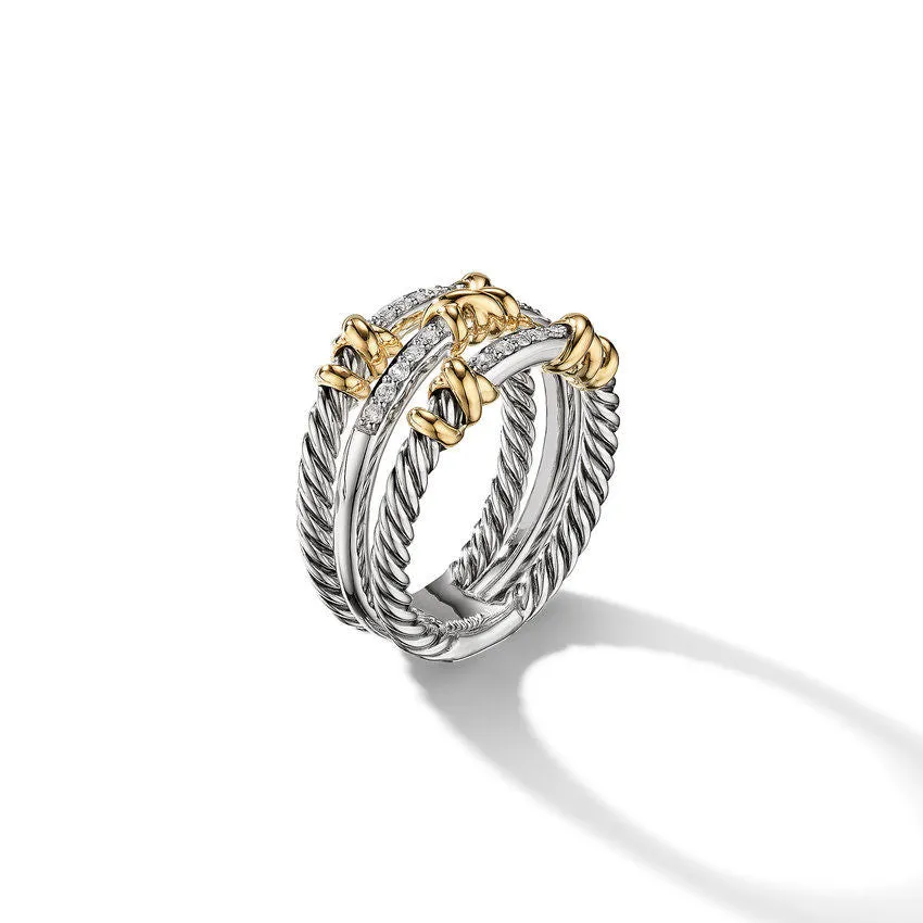 David Yurman Petite Helena Three Row Ring with 18K Yellow Gold and Diamonds