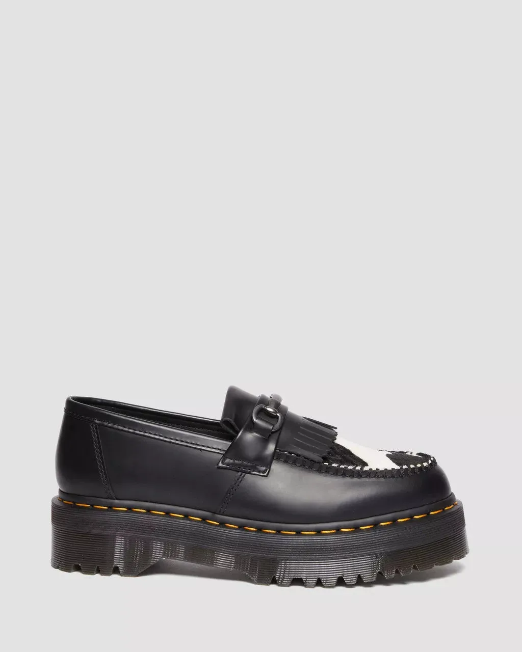 Doc Martens UNISEX ADRIAN SNAFFLE HAIR ON & LEATHER COW PRINT KILTIE LOAFERS (BLACK COW PRINT SMOOTH HAIR ON)