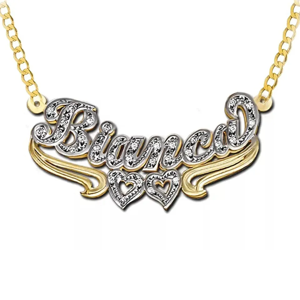 Double Plated Heart Name Necklace w/ Cuban Chain and CZ's