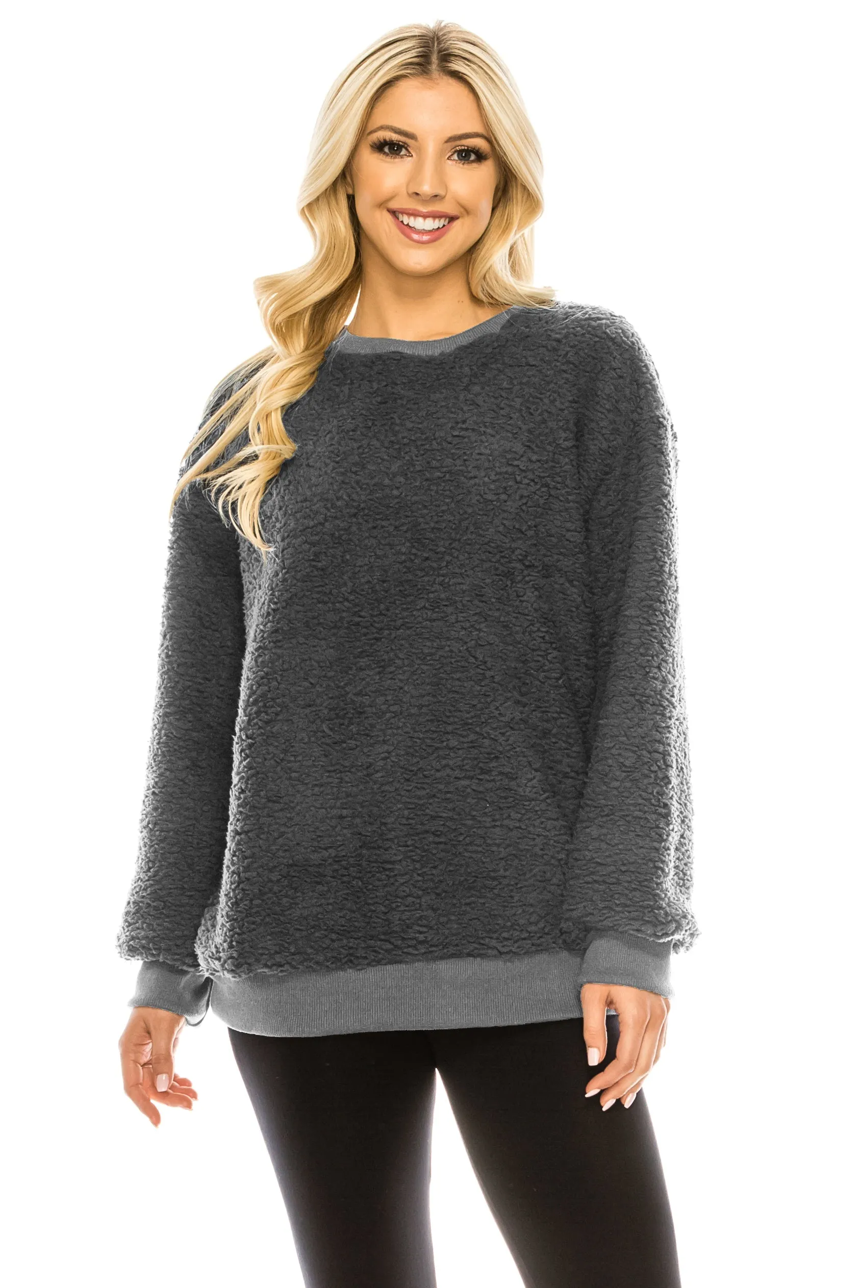 Haute Edition Pullover Crewneck Sherpa Fleece Sweatshirt