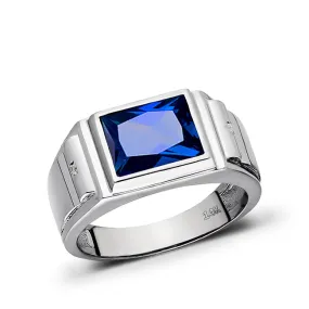 Mens Solid 14K White Gold Sapphire Ring 2 Natural Diamonds Heavy Ring for Man