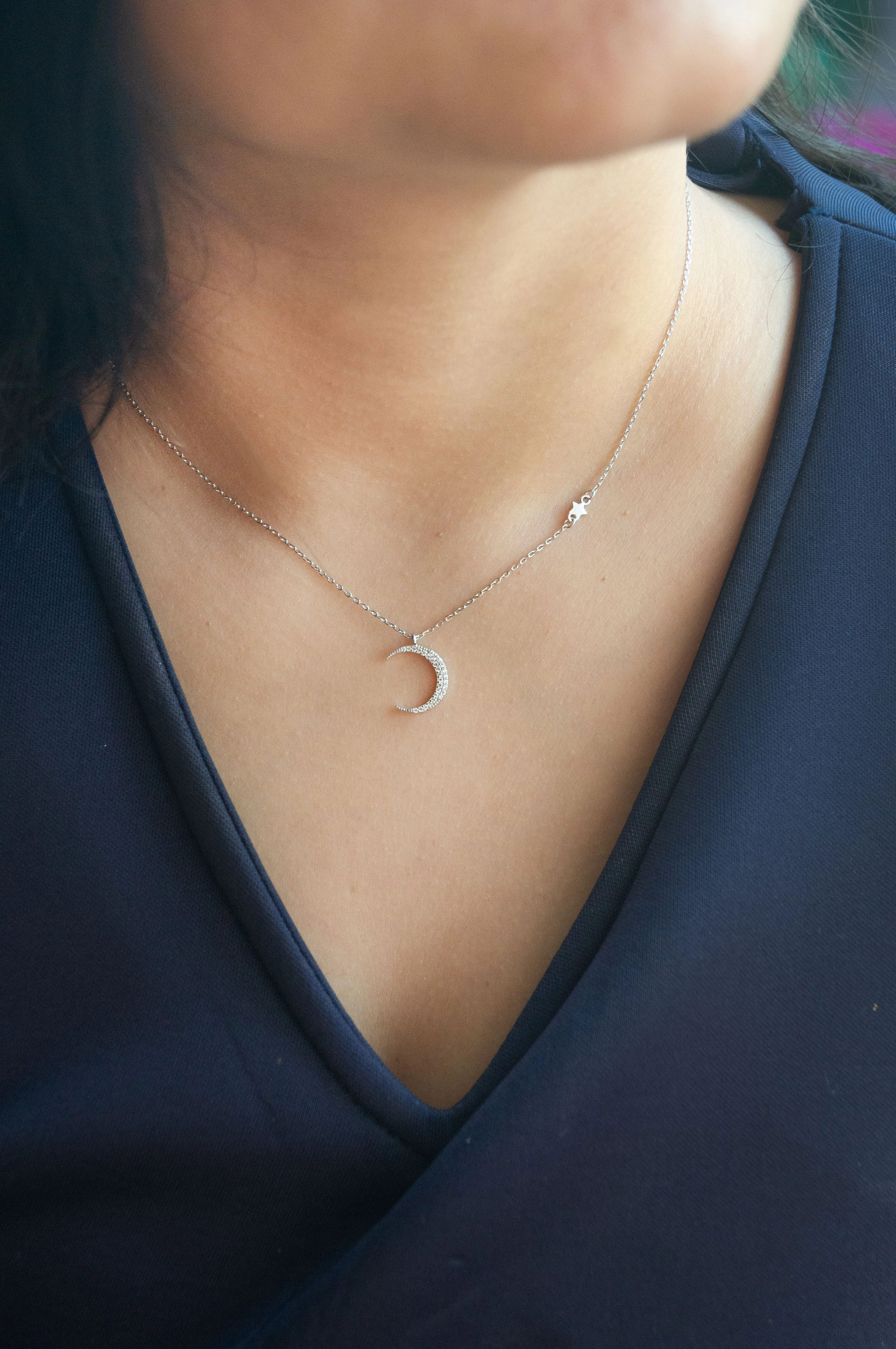 Moon And Stars Sterling Silver Chain Necklace