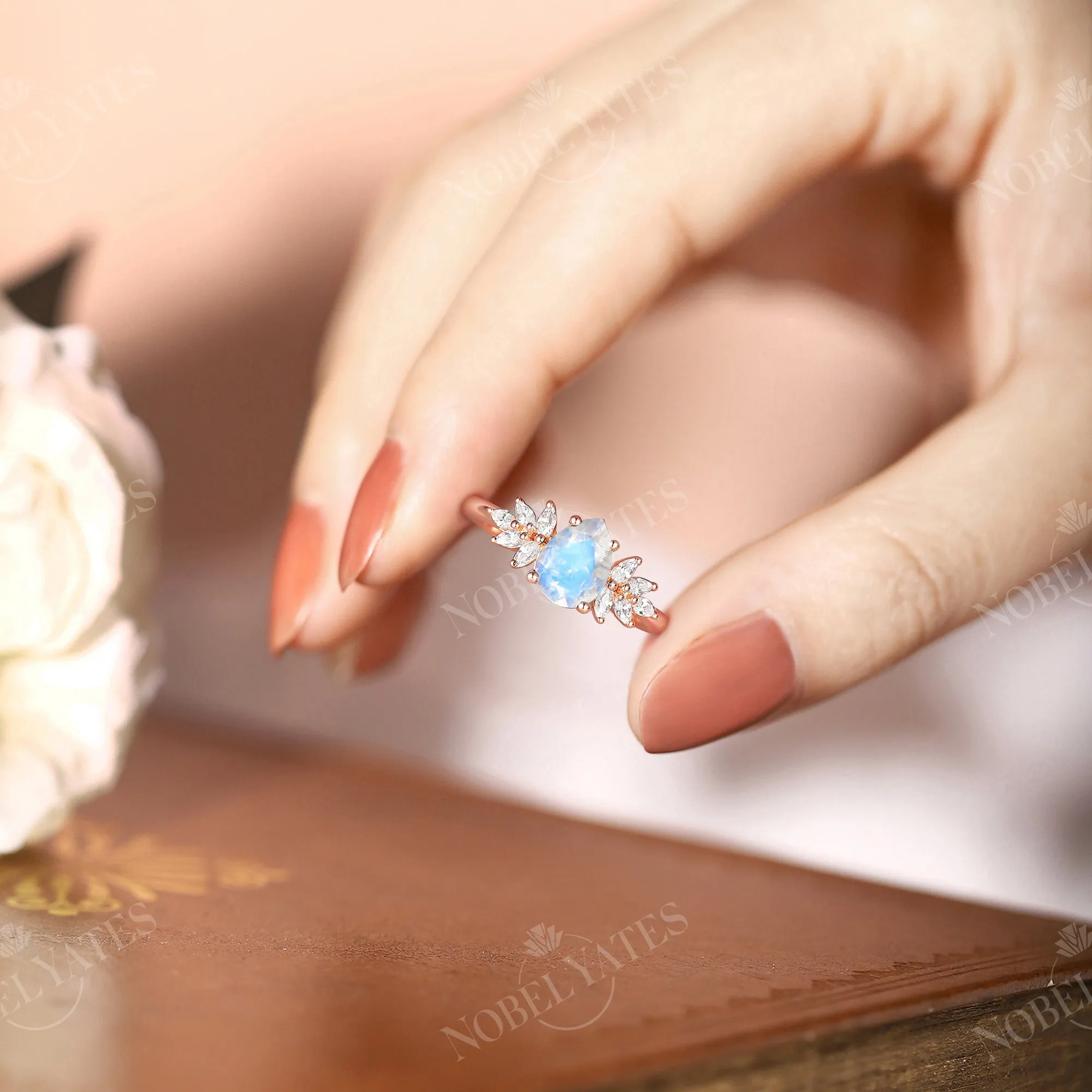 Moonstone Vintage Pear Cluster Engagement Ring Rose Gold