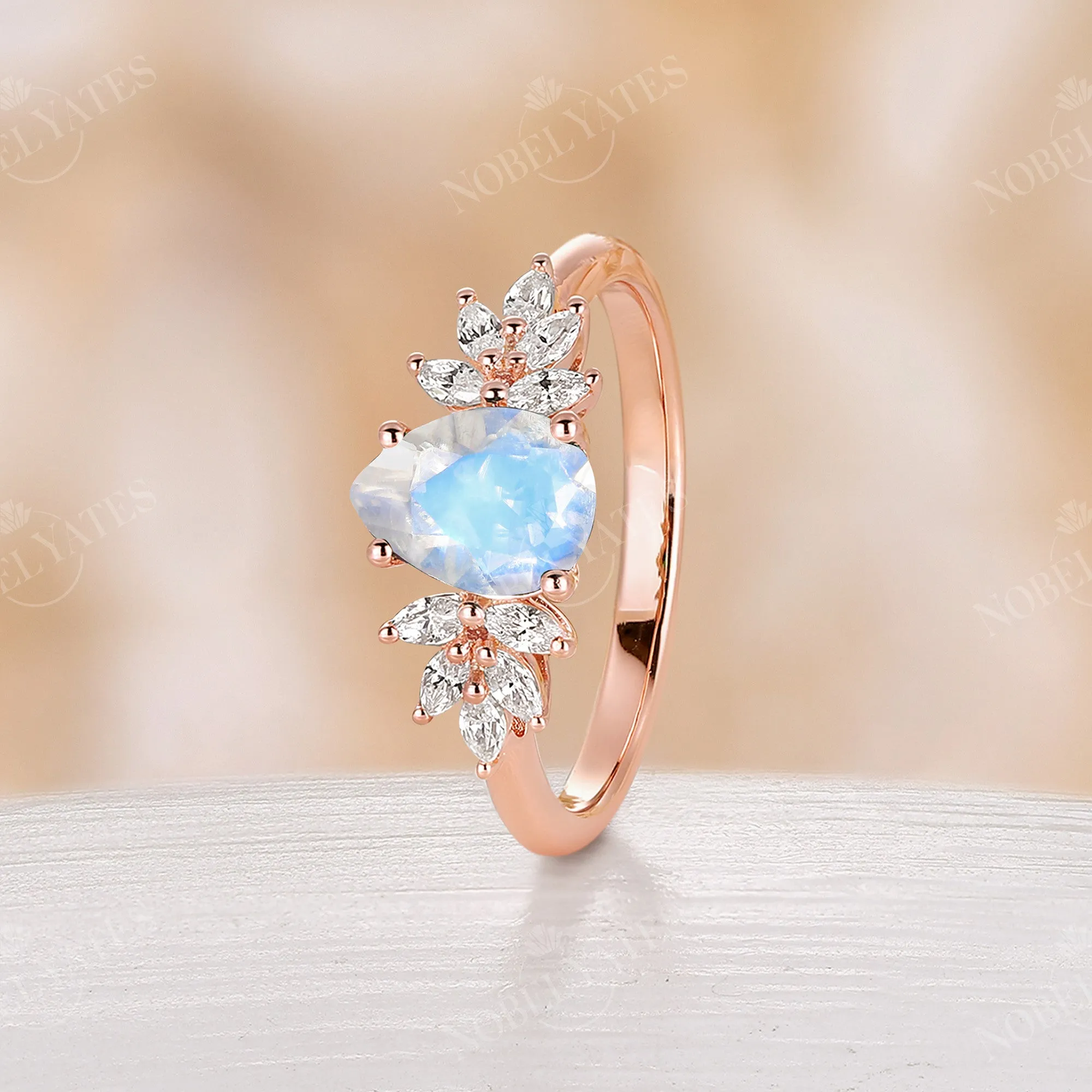 Moonstone Vintage Pear Cluster Engagement Ring Rose Gold