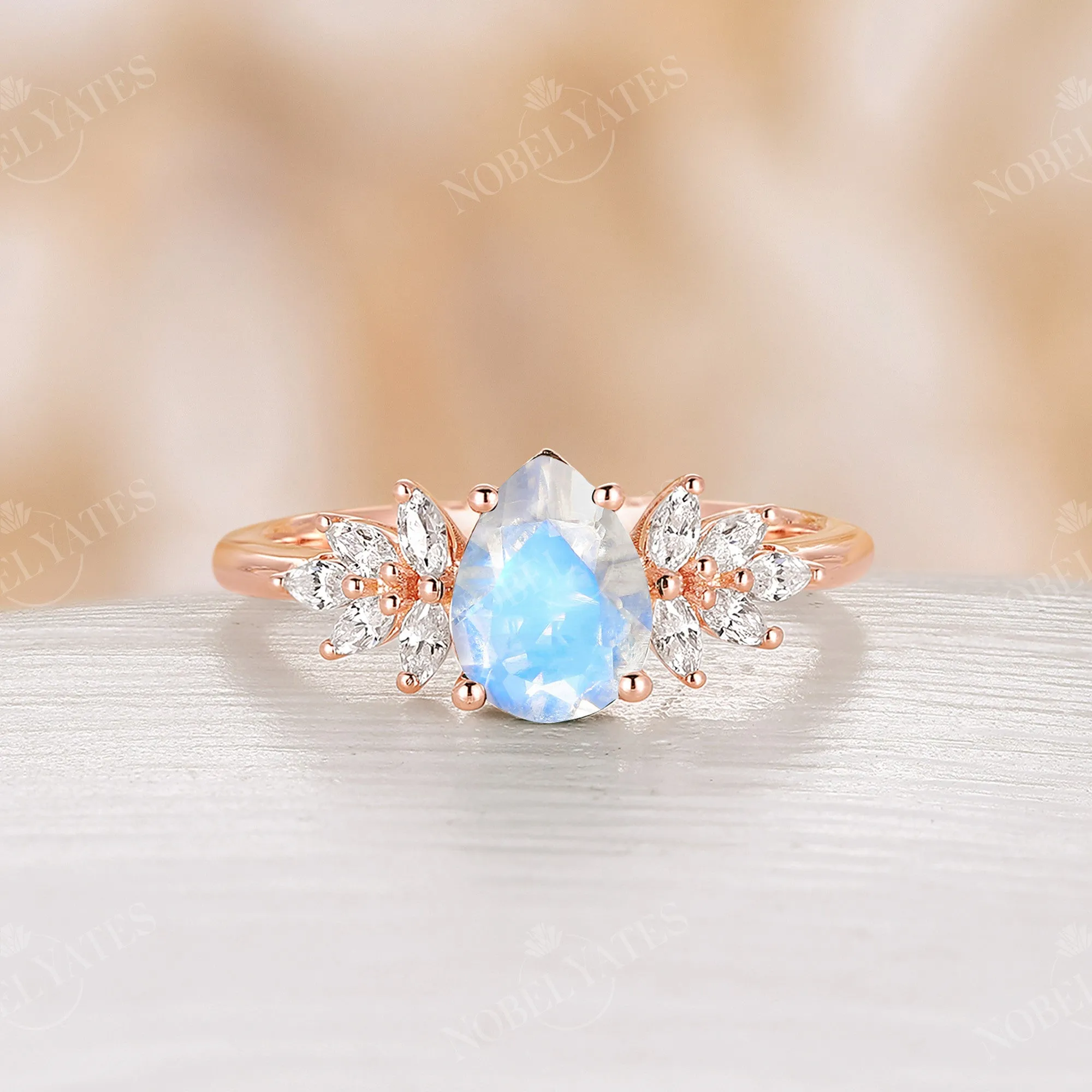 Moonstone Vintage Pear Cluster Engagement Ring Rose Gold