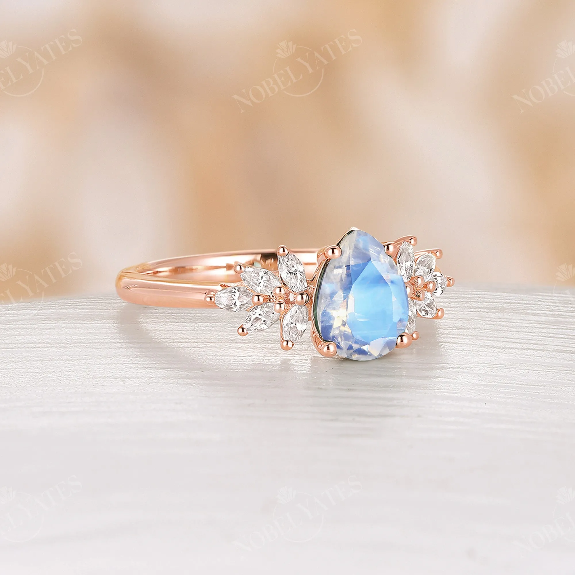 Moonstone Vintage Pear Cluster Engagement Ring Rose Gold