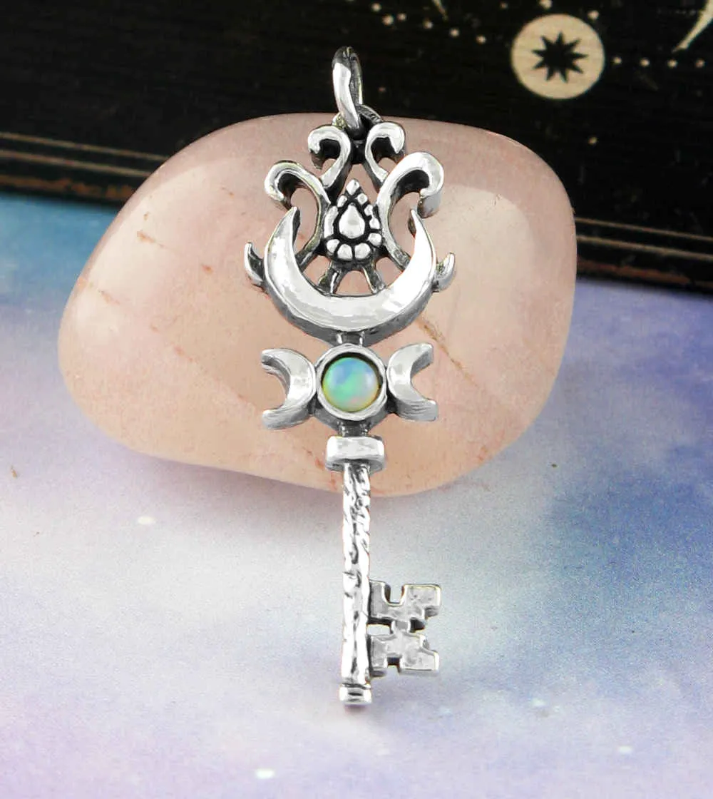 Old-Fashioned Key Pendant With Triple Moon, Crescent & Opal Cabochon, Handmade