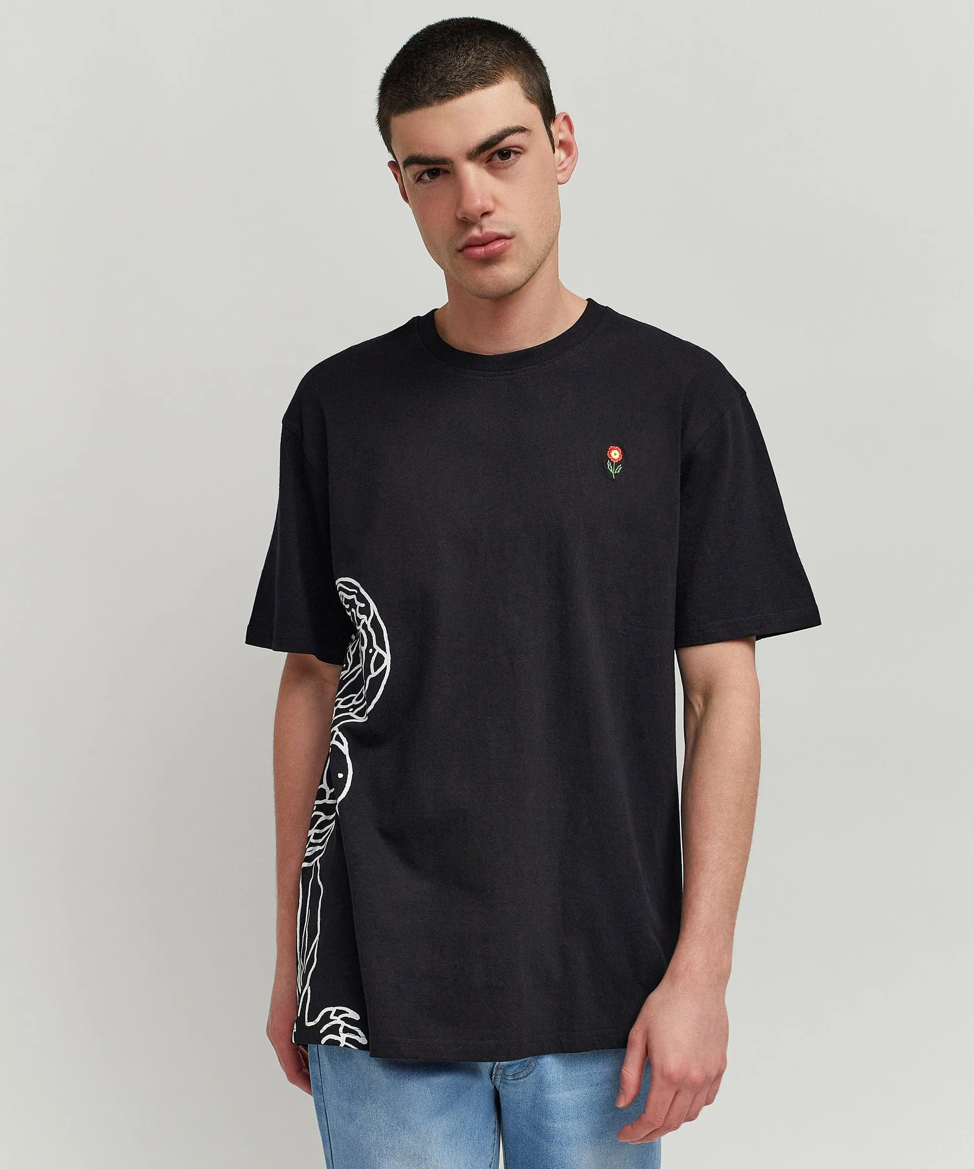 Panter Short Sleeve Graphic Print Embroidered Detail Tee - Black