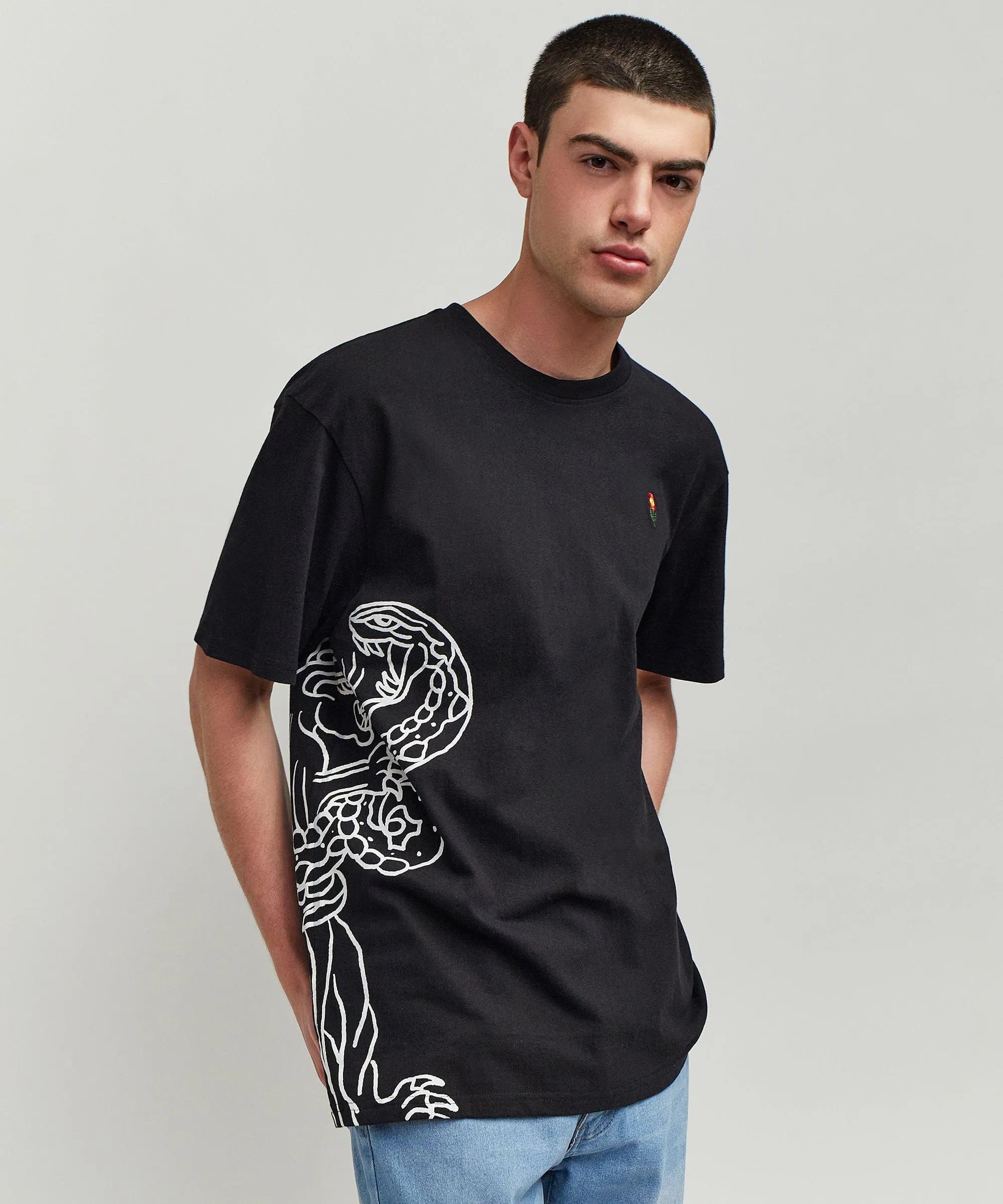 Panter Short Sleeve Graphic Print Embroidered Detail Tee - Black