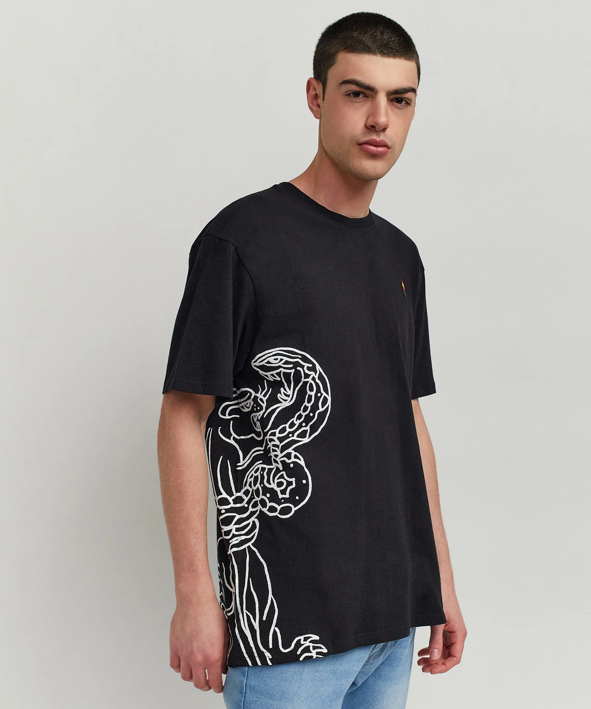 Panter Short Sleeve Graphic Print Embroidered Detail Tee - Black