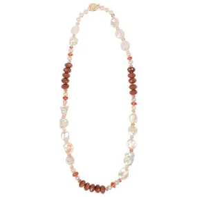 Pearl, Sunstone, Goldstone, Quartz, and Gold Necklace