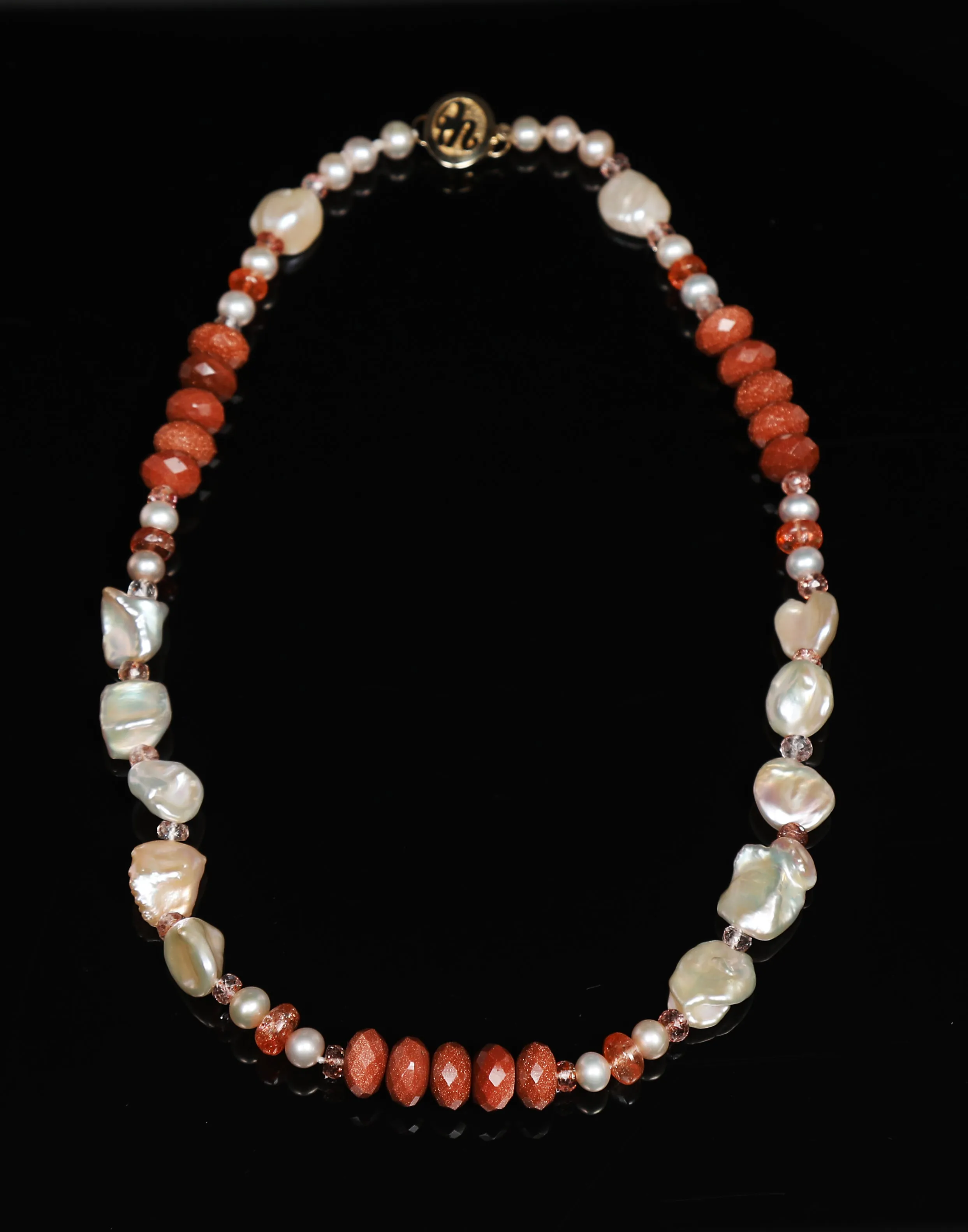 Pearl, Sunstone, Goldstone, Quartz, and Gold Necklace