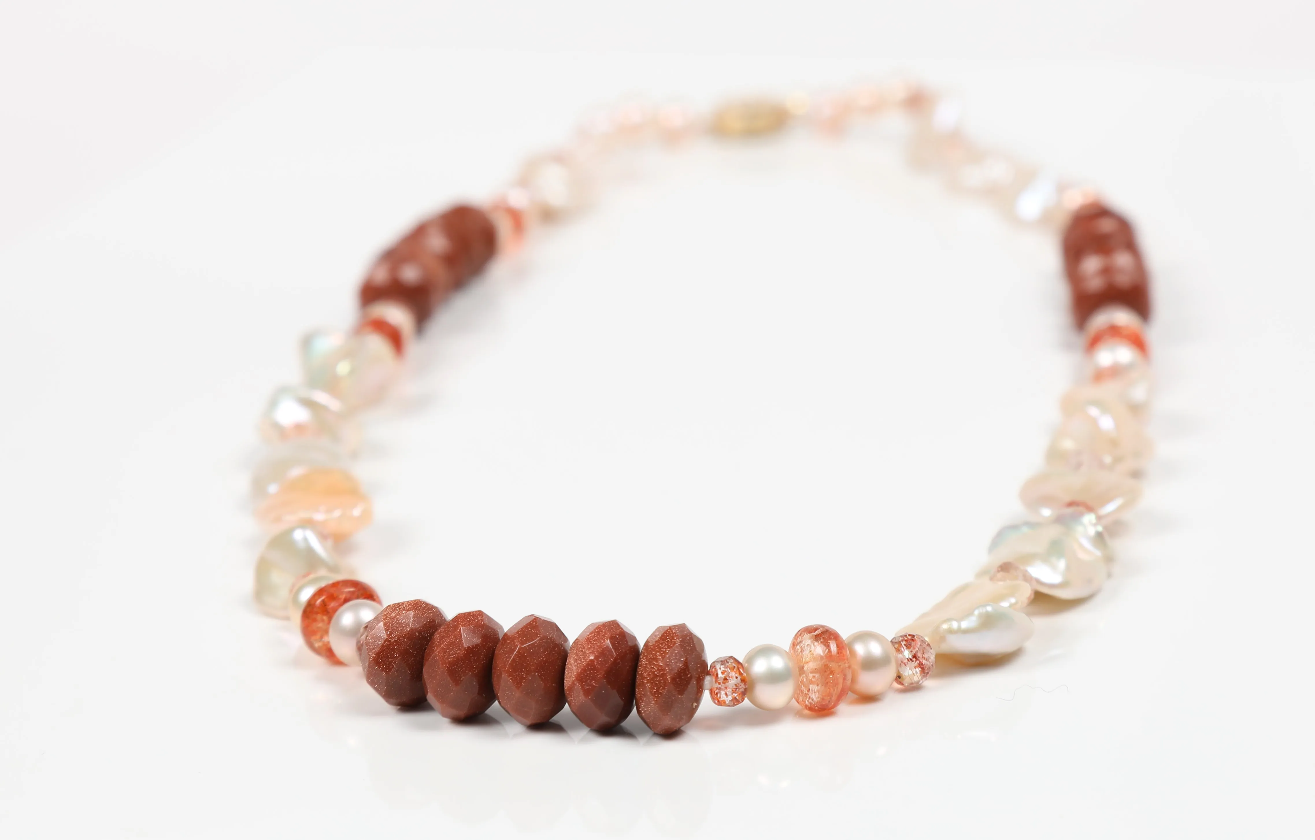 Pearl, Sunstone, Goldstone, Quartz, and Gold Necklace