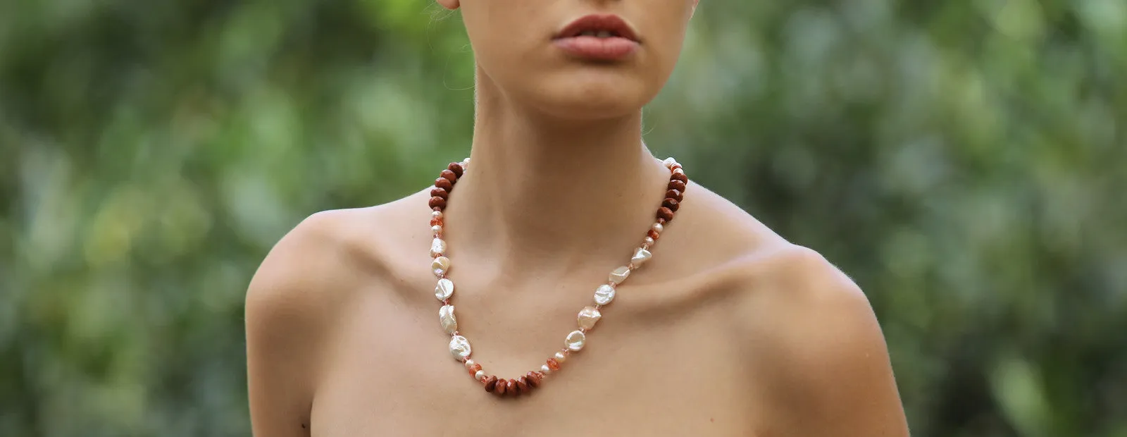 Pearl, Sunstone, Goldstone, Quartz, and Gold Necklace