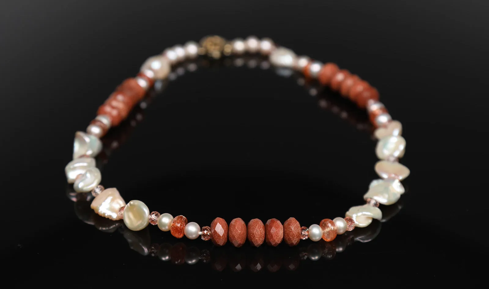 Pearl, Sunstone, Goldstone, Quartz, and Gold Necklace