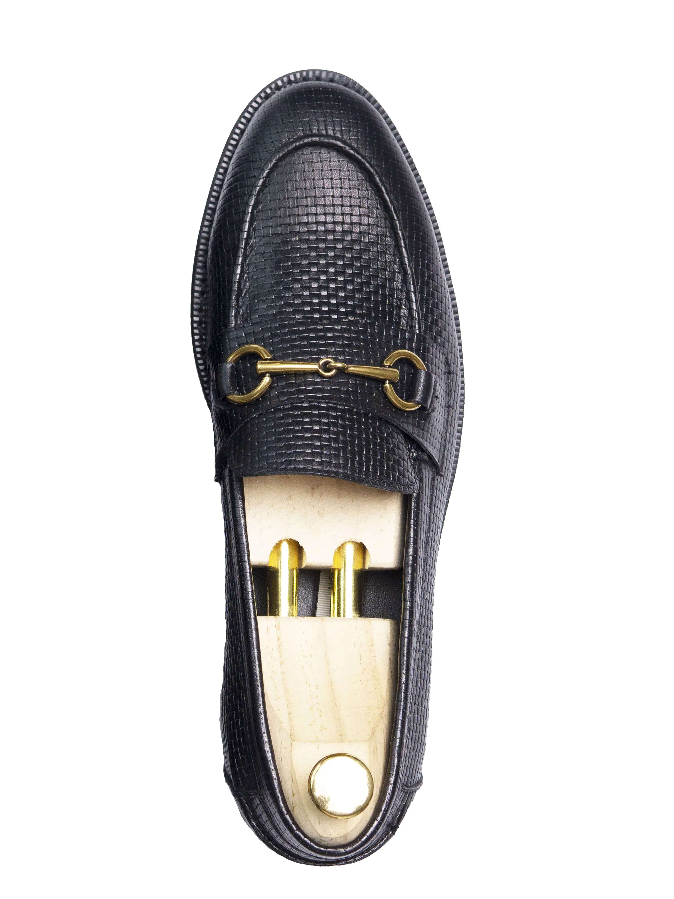 Penny Loafer Horsebit Buckle - Black Woven Leather (Crepe Sole)