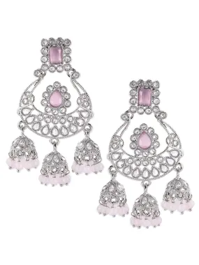 Rubans AD Studded Silver Plated Pastel Multi Jhumka Earrings