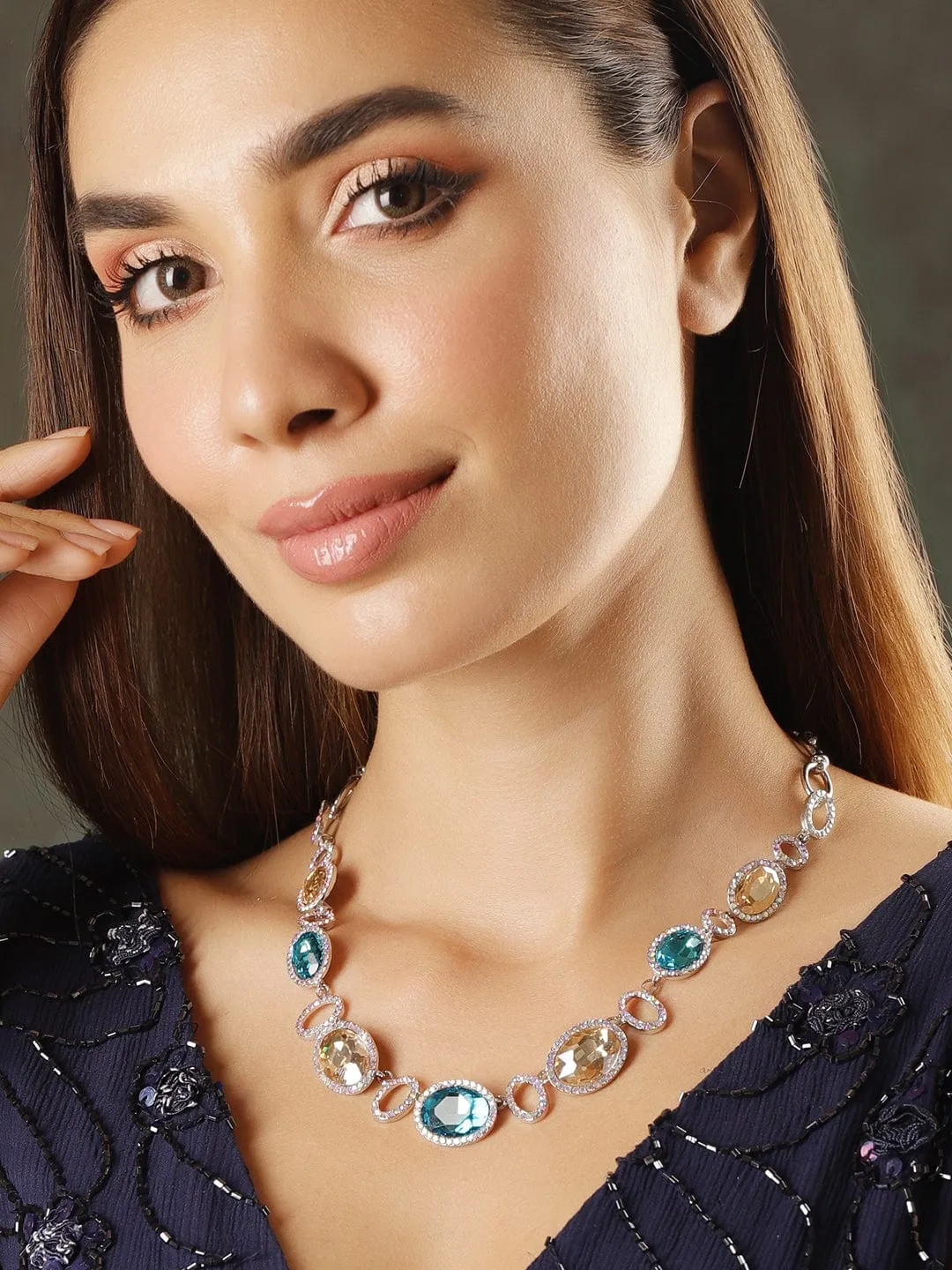 Rubans Rhodium-Plated Multi-Color Rhinestones Embellished Necklace