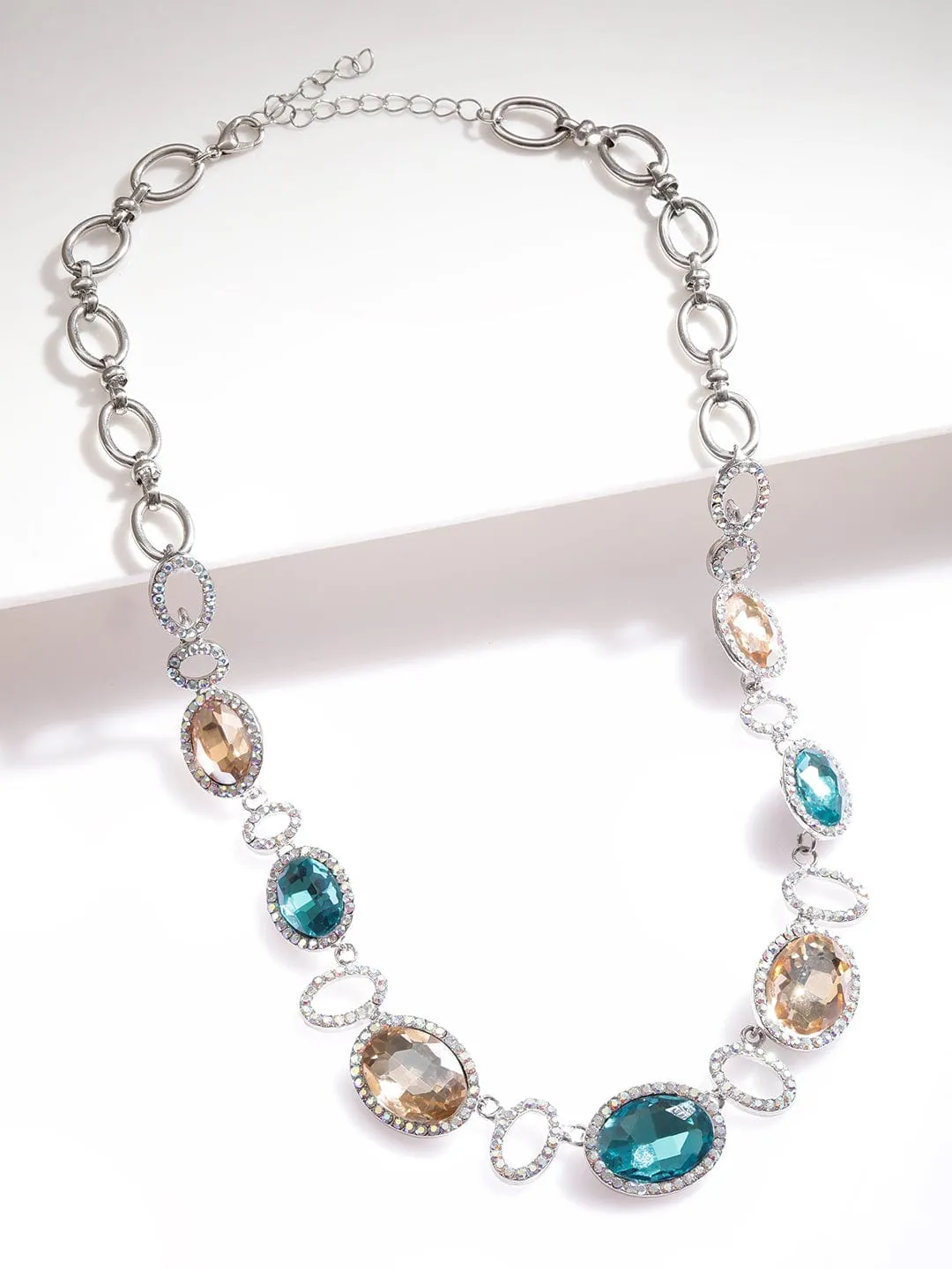 Rubans Rhodium-Plated Multi-Color Rhinestones Embellished Necklace