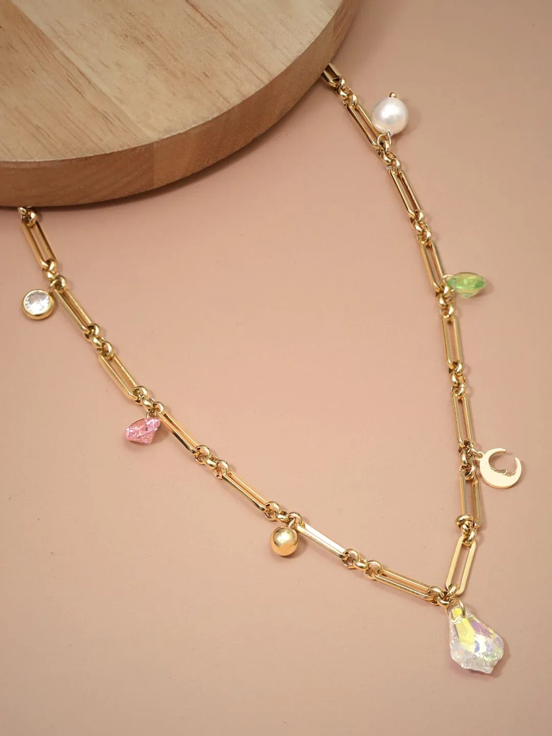 Rubans Voguish 18K Gold Plated Stainless Steel Waterproof Paperclip Chain With Multicolor Zircon Charms