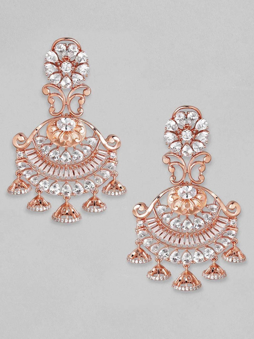 Rubans Zircon Studded Handcrafted Rose Gold Plated Chandbali Earrings