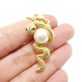 Snake Wrapped Around a Pearl Shaped Animal Pendant Necklace in Gold