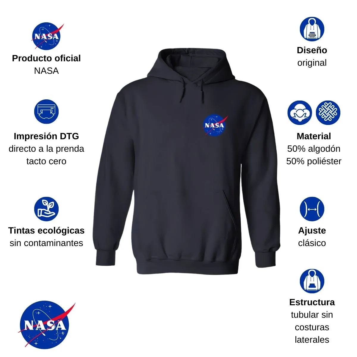 Sudadera Hombre Hoodie Nasa Logo Espacial Escudo