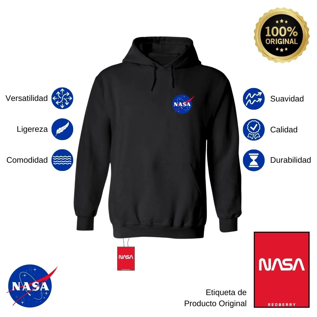 Sudadera Hombre Hoodie Nasa Logo Espacial Escudo