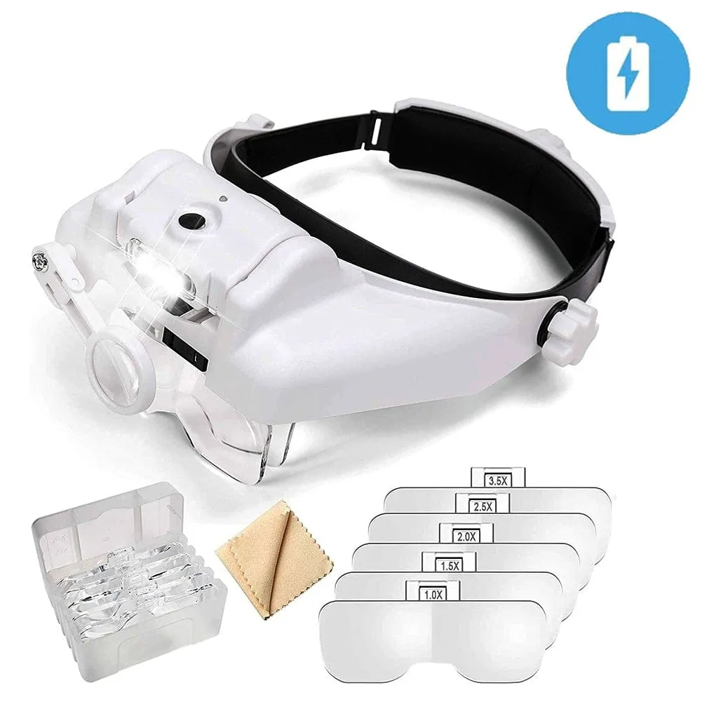 TKDMR USB Rechargeabl Head Mounted Binocular Eyewear Loupe Magnifier with 3LED Illuminated Headband Magnifying Glass For Reading