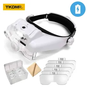 TKDMR USB Rechargeabl Head Mounted Binocular Eyewear Loupe Magnifier with 3LED Illuminated Headband Magnifying Glass For Reading