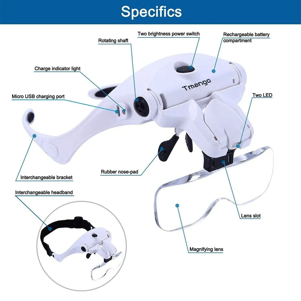 TKDMR USB Rechargeabl Head Mounted Binocular Eyewear Loupe Magnifier with 3LED Illuminated Headband Magnifying Glass For Reading