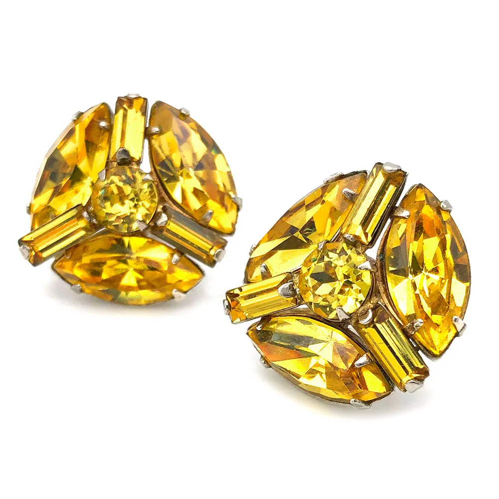 【USA輸入】ヴィンテージ イエロー ラインストーン イヤリング/Vintage Yellow Rhinestones Screw Back Earrings