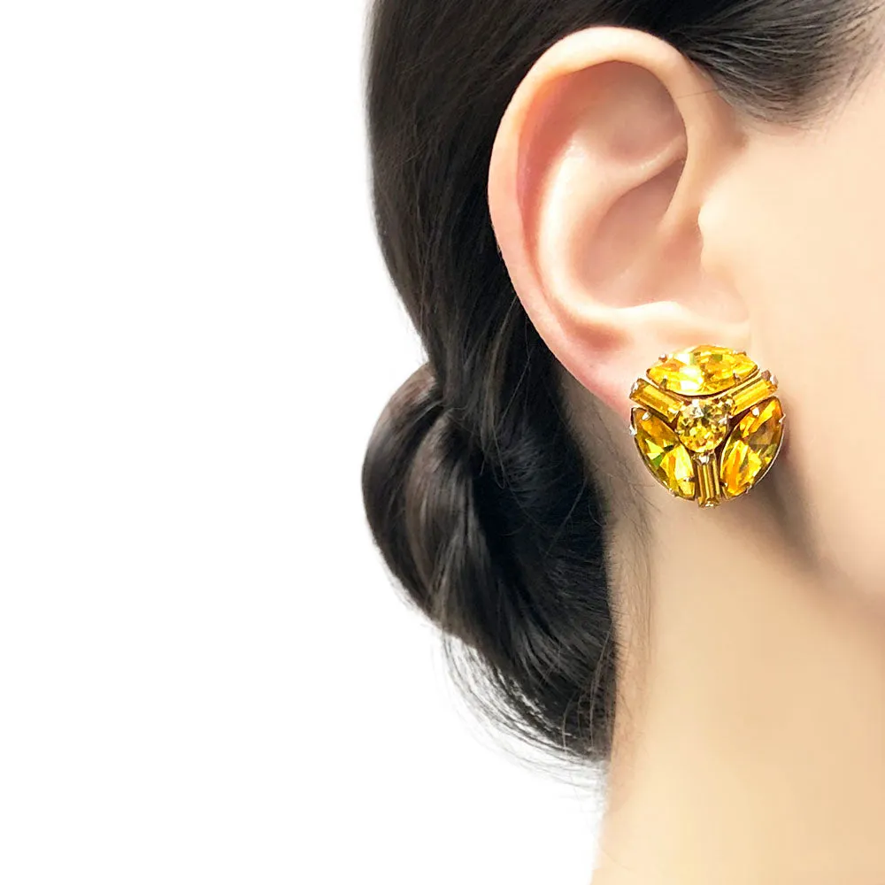 【USA輸入】ヴィンテージ イエロー ラインストーン イヤリング/Vintage Yellow Rhinestones Screw Back Earrings