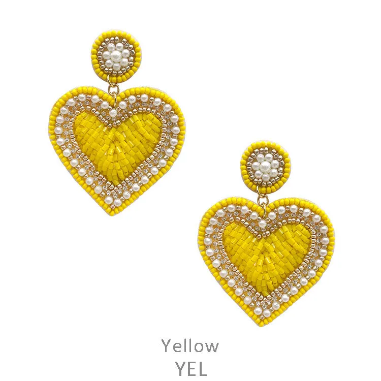 Yellow, pearl, and bling beaded Heart earrings