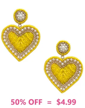 Yellow, pearl, and bling beaded Heart earrings